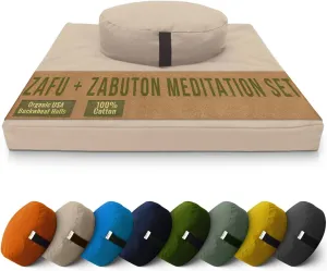 Bean Products Meditation Cushion Mat Set - Zafu Floor Pillow Organic Buckwheat Pillow   Cotton Filled Zabuton Prayer Pad - Meditation Pillow Yoga Knee Pad - Made in USA - 14" Round or 18" Oval
