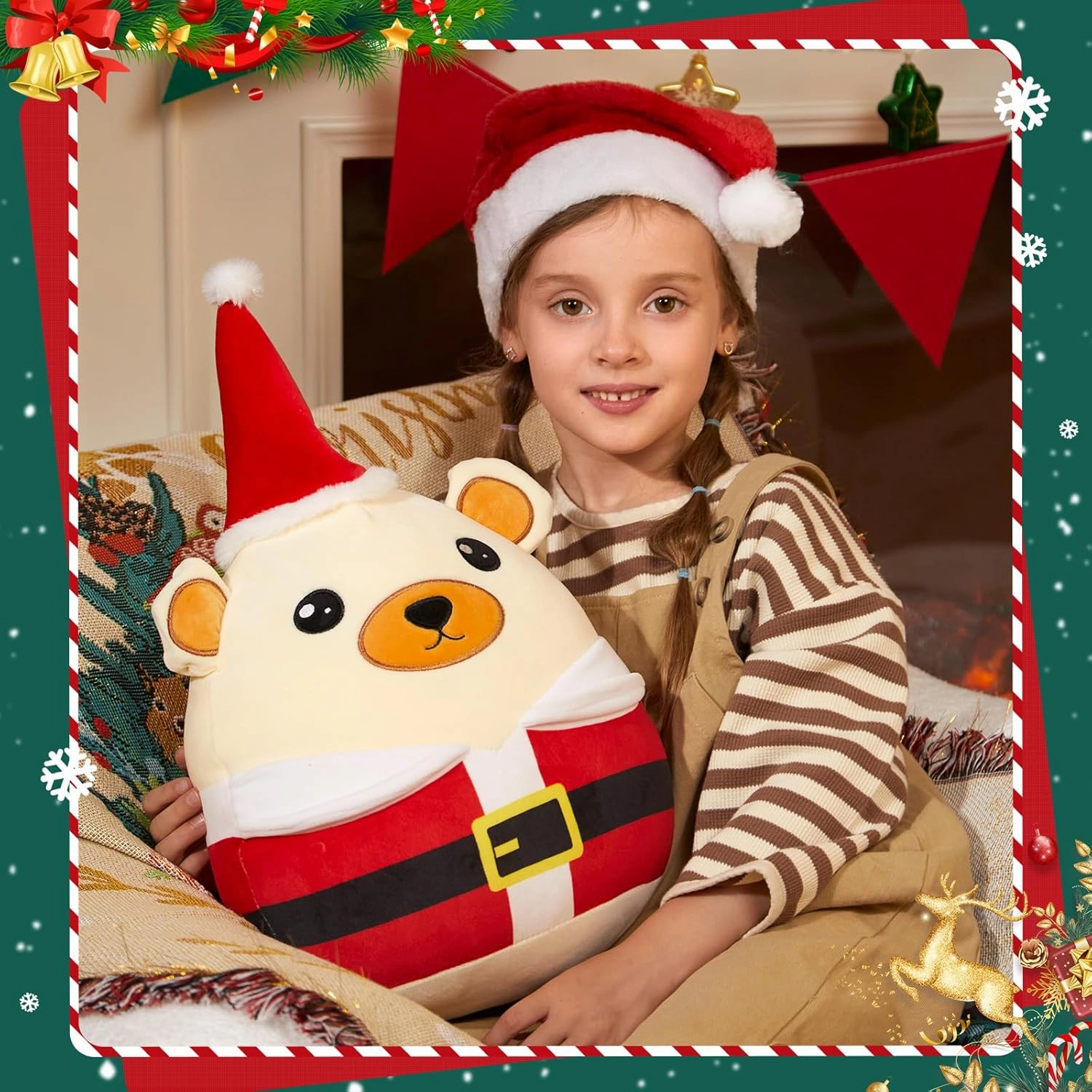Bear Stuffed Plushies Christmas Plush Pillow Stuffed Animals Super Soft Cozy Cuddle Toy Xmas Holiday Decor Gift for Boys Girls, 12"