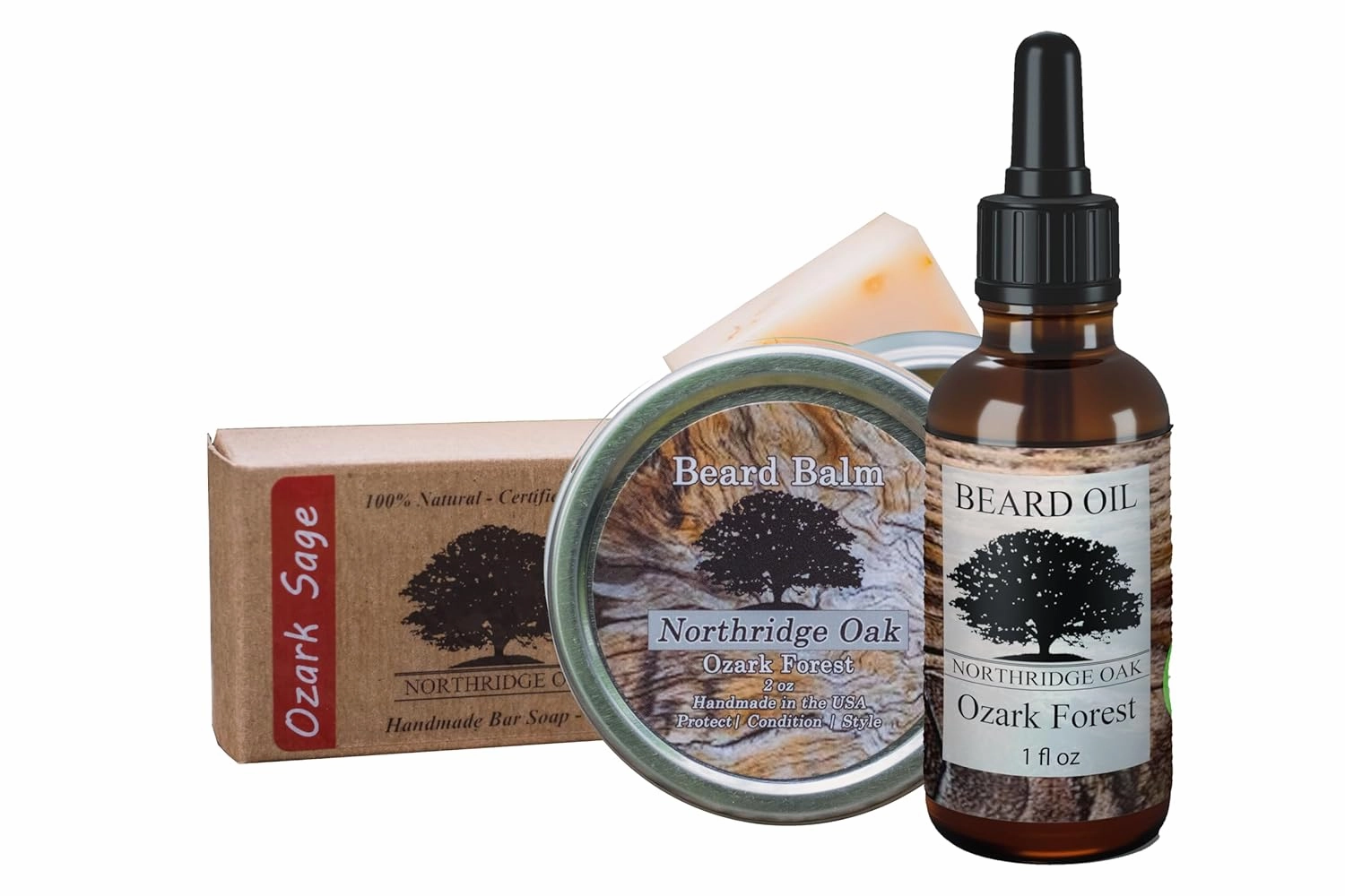 Beard Oil and Balm Set w/Organic Beard Soap - 5 Different Scents to Choose From. Keep your Beard Clean, Soft and Healthy (Ozark Forest - Scented with Frankinsence and Myrrh)