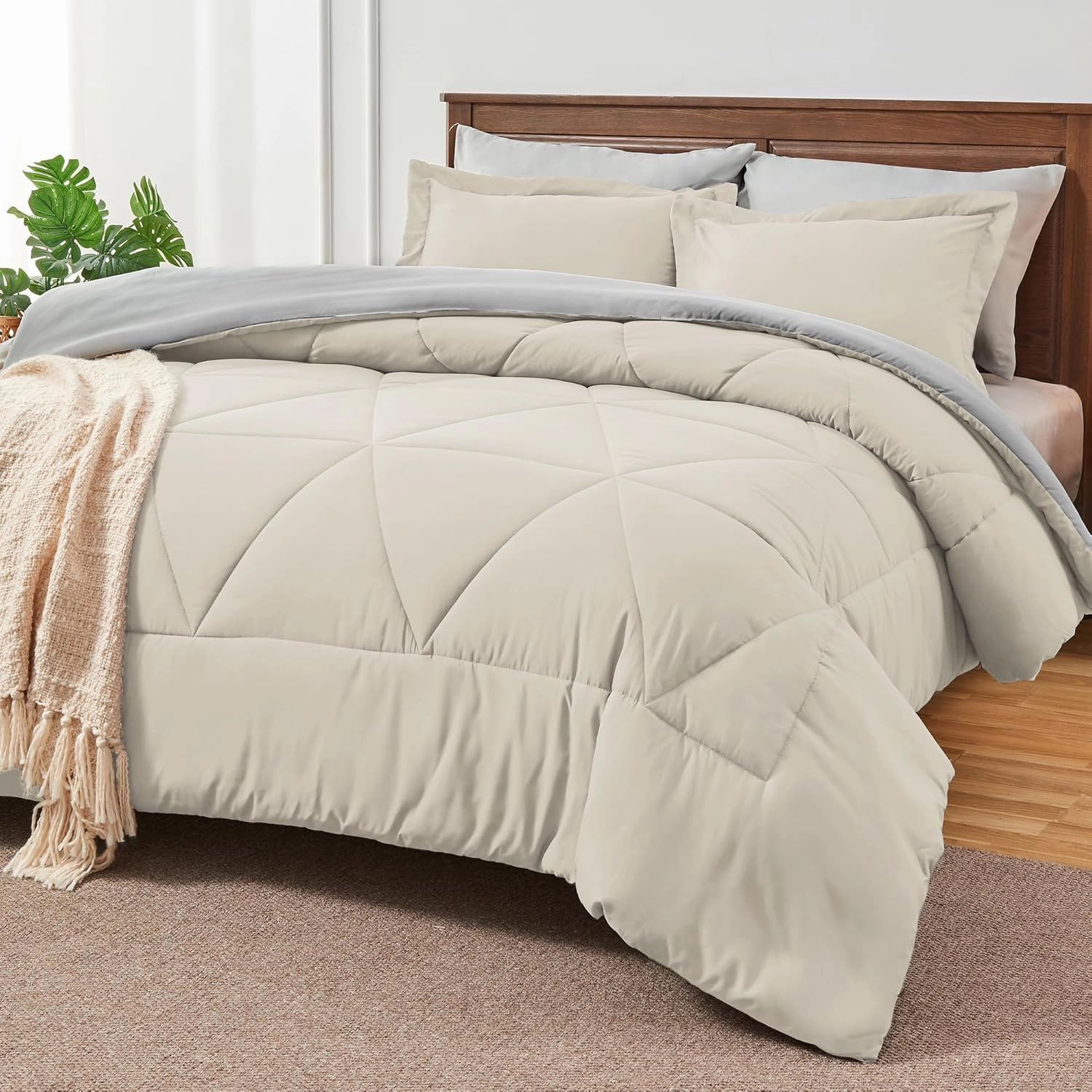 BEDELITE Queen Comforter Set 7 Pieces Bed in A Bag - Soft Microfiber Reversible Beige Bed Set with Comforters, Sheets, Pillowcases & Shams, Cozy Luxury Bedding Sets for All Season