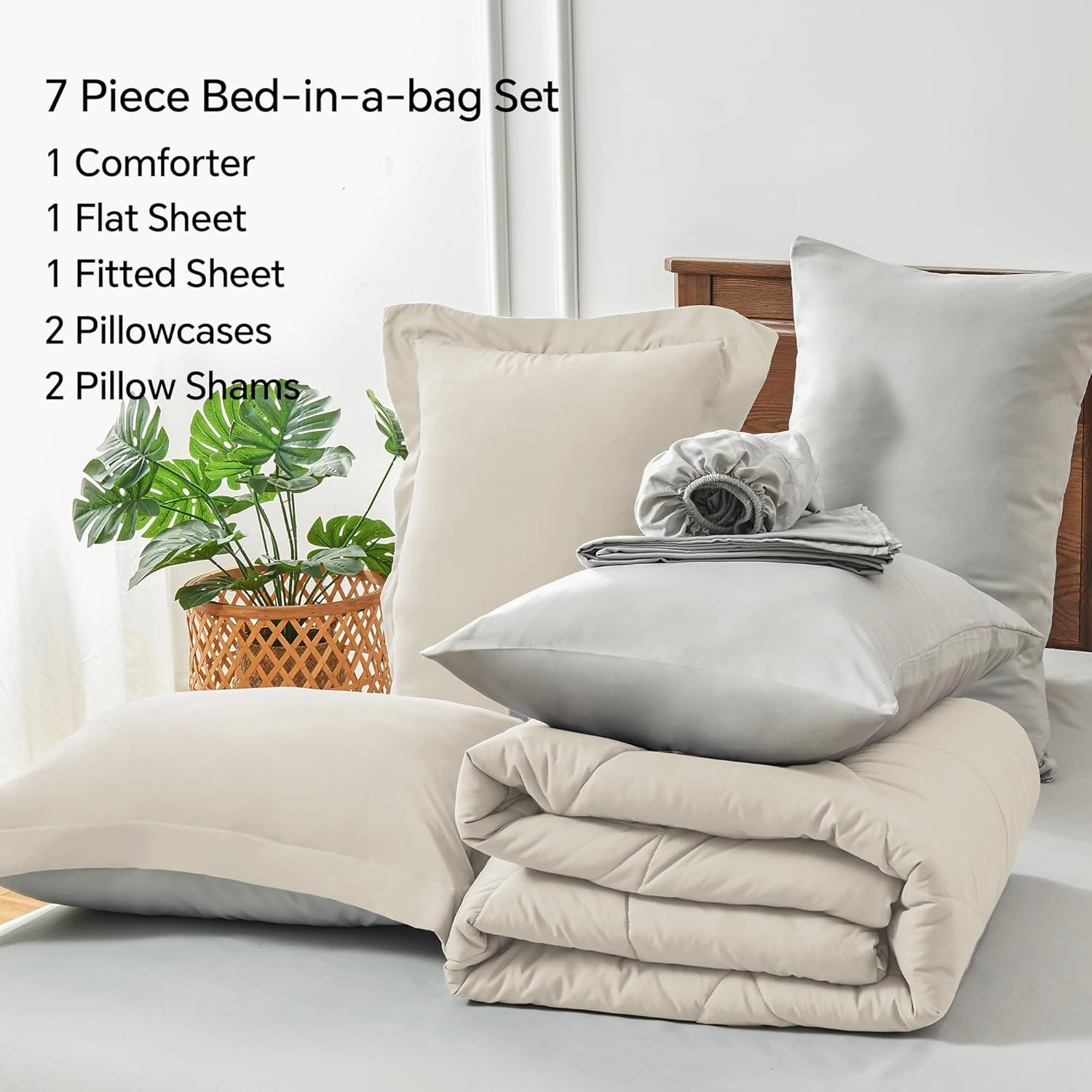 BEDELITE Queen Comforter Set 7 Pieces Bed in A Bag - Soft Microfiber Reversible Beige Bed Set with Comforters, Sheets, Pillowcases & Shams, Cozy Luxury Bedding Sets for All Season