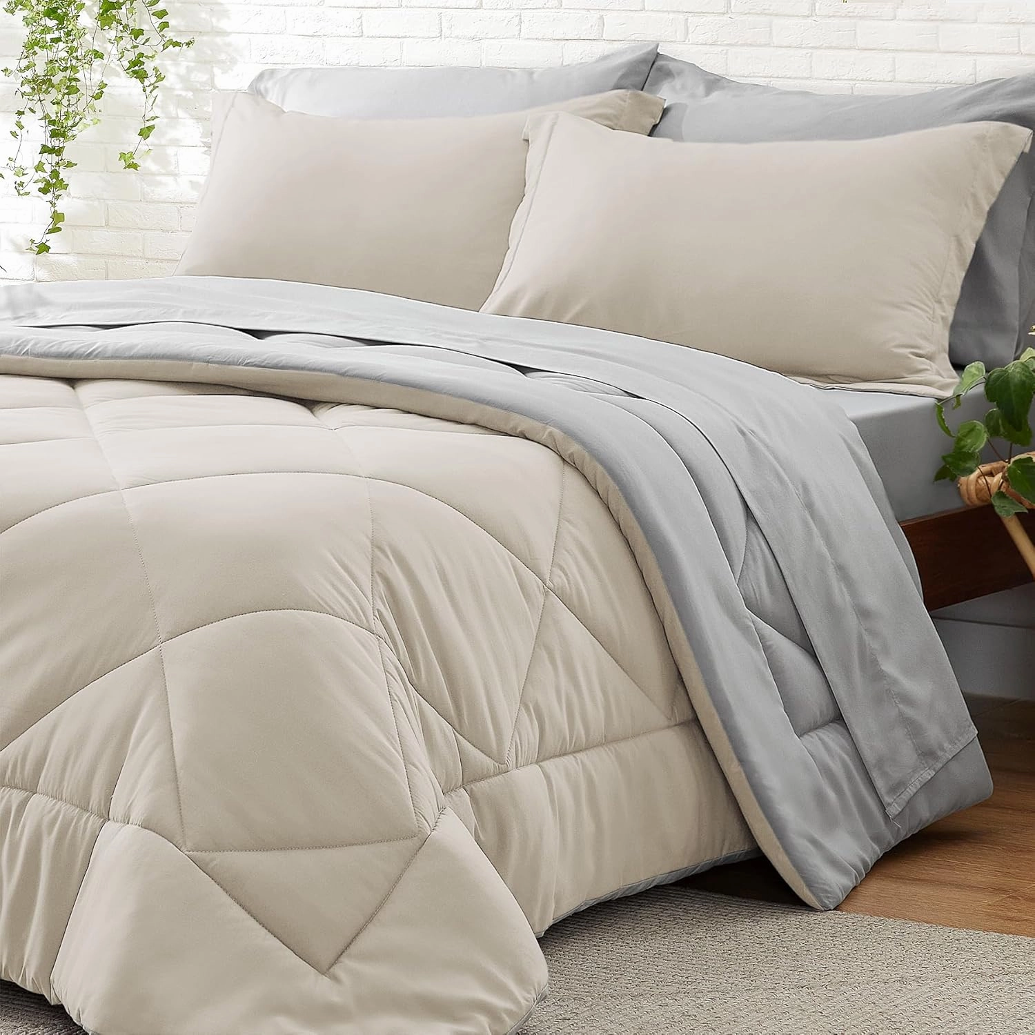 BEDELITE Queen Comforter Set 7 Pieces Bed in A Bag - Soft Microfiber Reversible Beige Bed Set with Comforters, Sheets, Pillowcases & Shams, Cozy Luxury Bedding Sets for All Season