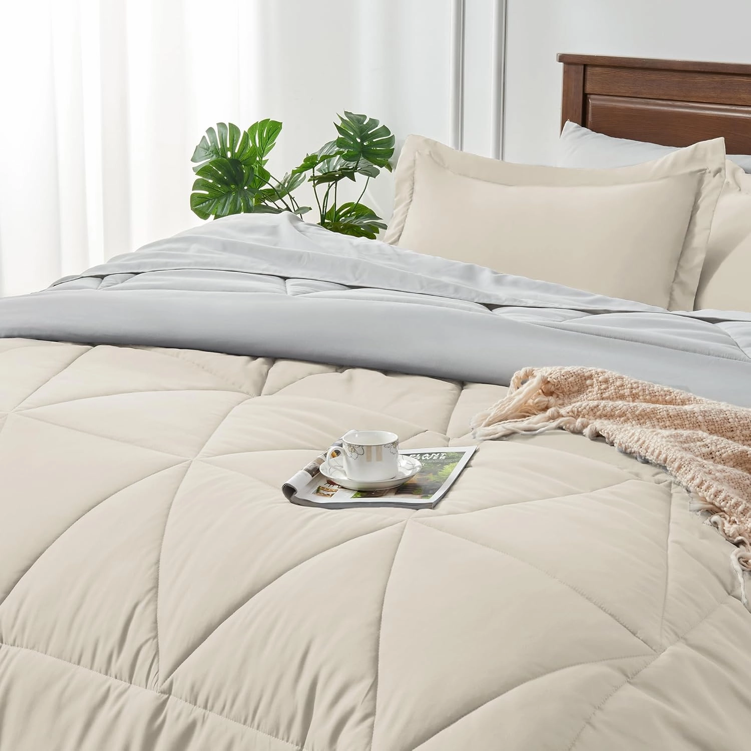 BEDELITE Queen Comforter Set 7 Pieces Bed in A Bag - Soft Microfiber Reversible Beige Bed Set with Comforters, Sheets, Pillowcases & Shams, Cozy Luxury Bedding Sets for All Season