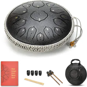 Black 15 Notes 14 Inches Steel Tongue Drum | Wide Range Steel Drum with Carrying Bag & Mallets | Tank Drum for Healing | Random Color | Ideal for Stress Relief and Meditation, Gift Idea