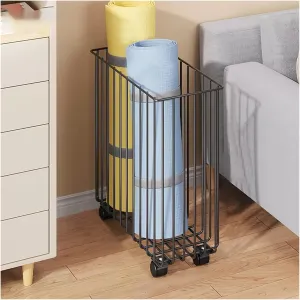 Black White Metal Yoga Mat Organizer Basket, Portable Sports Equipment Storage Cart for Home/Fitness Room/Gym, with Lockable Wheels, Easy to Clean (Color : Black)