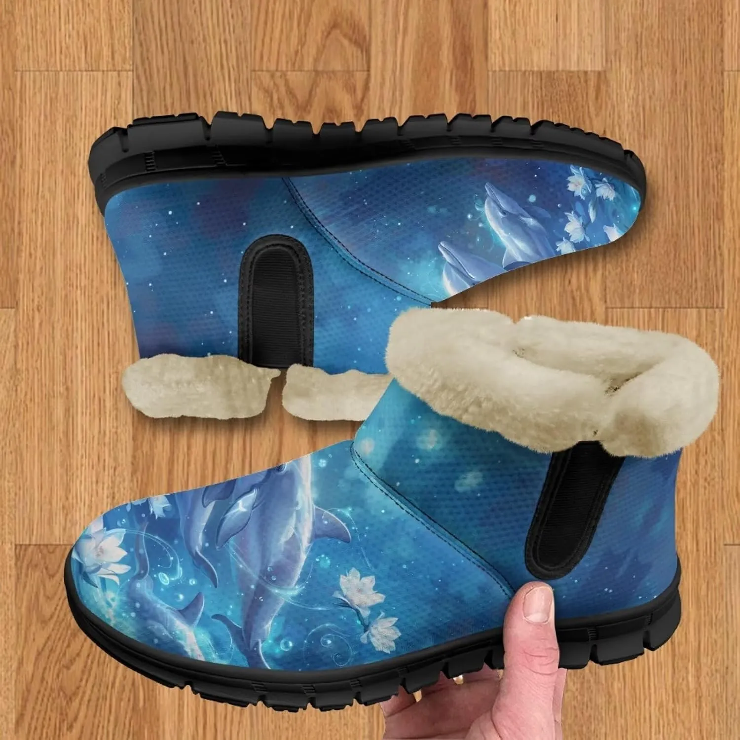 Blue Snow Boots for Women Fuzzy Ankle Booties Hiking Boots Non Slip Warm Casual Walking Boots