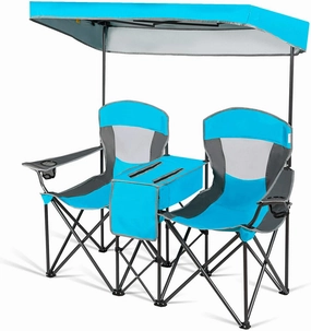 Blue 2 Seats Portable Folding Camping Chair with Adjustable Detachable Canopy Cup Holder Cooler Bag Foldable Design Suitable for Camping Picnic Trekking Fishing Balcony Courtyard Beach Outdoor Places
