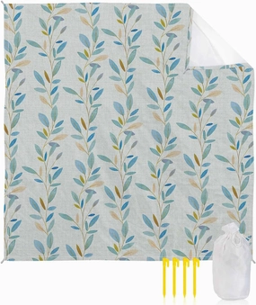 Blue Green Leaves Beach Blanket Large with Stakes Waterproof Sandproof,Foldable Beach Mat with Corner Pockets for Outdoor Travel Camping Hiking Picnic Essentials,Botanical Watercolor Plant 83"x79"