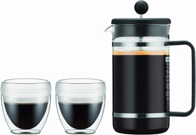Bodum Bistro Set Shatterproof French Press Coffee Maker (34 Ounce) and 2-Pack Pavina Outdoor Tumblers (8 Ounce Ea.), Black