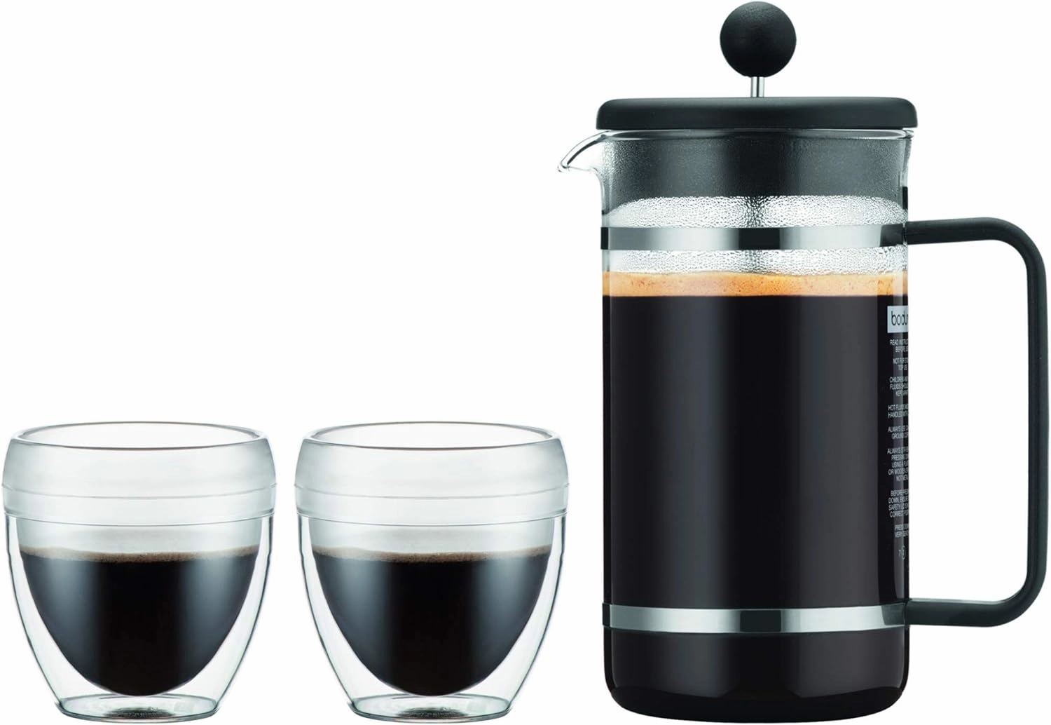 Bodum Bistro Set Shatterproof French Press Coffee Maker (34 Ounce) and 2-Pack Pavina Outdoor Tumblers (8 Ounce Ea.), Black