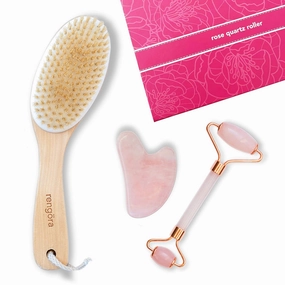 Body Brush for Dry Brushing Bundled with Rose Quartz Face Roller and Gua Sha Set - Ultimate Skincare Bundle