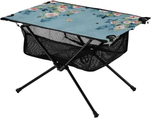 Bolaz Outdoor Folding Portable Picnic Camping Table-Pink Roses on Blue Green Background3,Storage Mesh for Camping Gear Accessories, Hiking, Mountaineering, Outdoor Travel