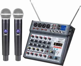 BOMGE 6 channel Audio DJ Console Mixer with Dua UHF Wireless Microphone,USB, Bluetooth, 48V phantom,16 Echo/Delay for Home Studio Recording DJ Network Live Karaoke PC Guitar