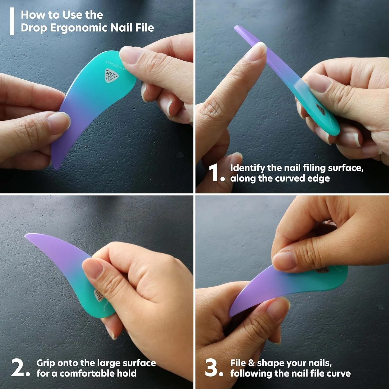 Bona Fide Beauty Ergonomic Nail File Set - 2PC Czech Glass Ergofile Set for Natural Nails and Acrylic Nails (Pastel Green and Violet)