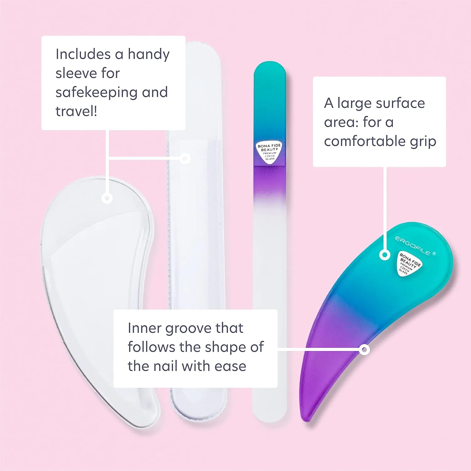 Bona Fide Beauty Ergonomic Nail File Set - 2PC Czech Glass Ergofile Set for Natural Nails and Acrylic Nails (Pastel Green and Violet)