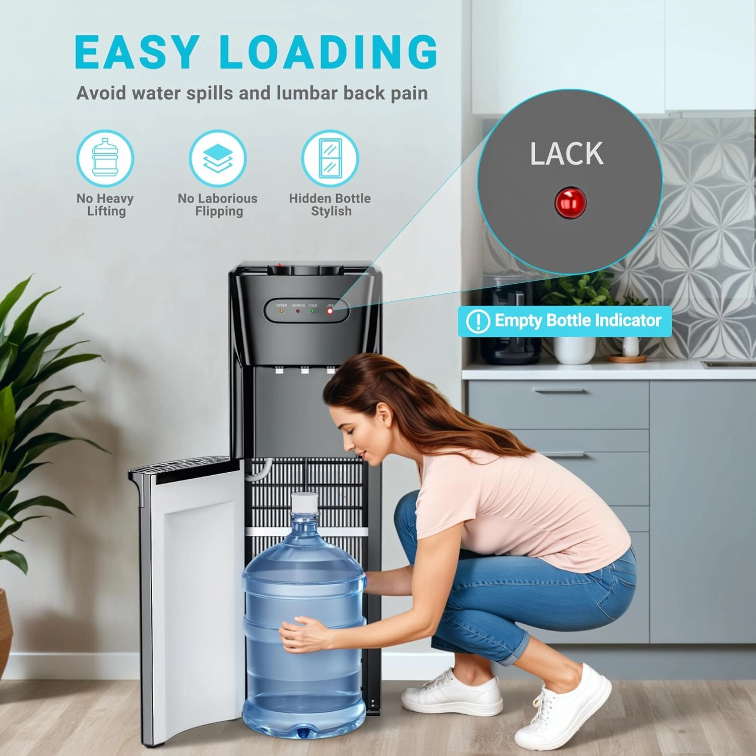 Bottom Loading Water Cooler Dispenser Hot Cold & Cool Water Dispenser for 3 or 5 Gallon Bottles, Empty Bottle Indicator, Child Safety Lock, Ideal for Office, Home, Living Room, Dark Black