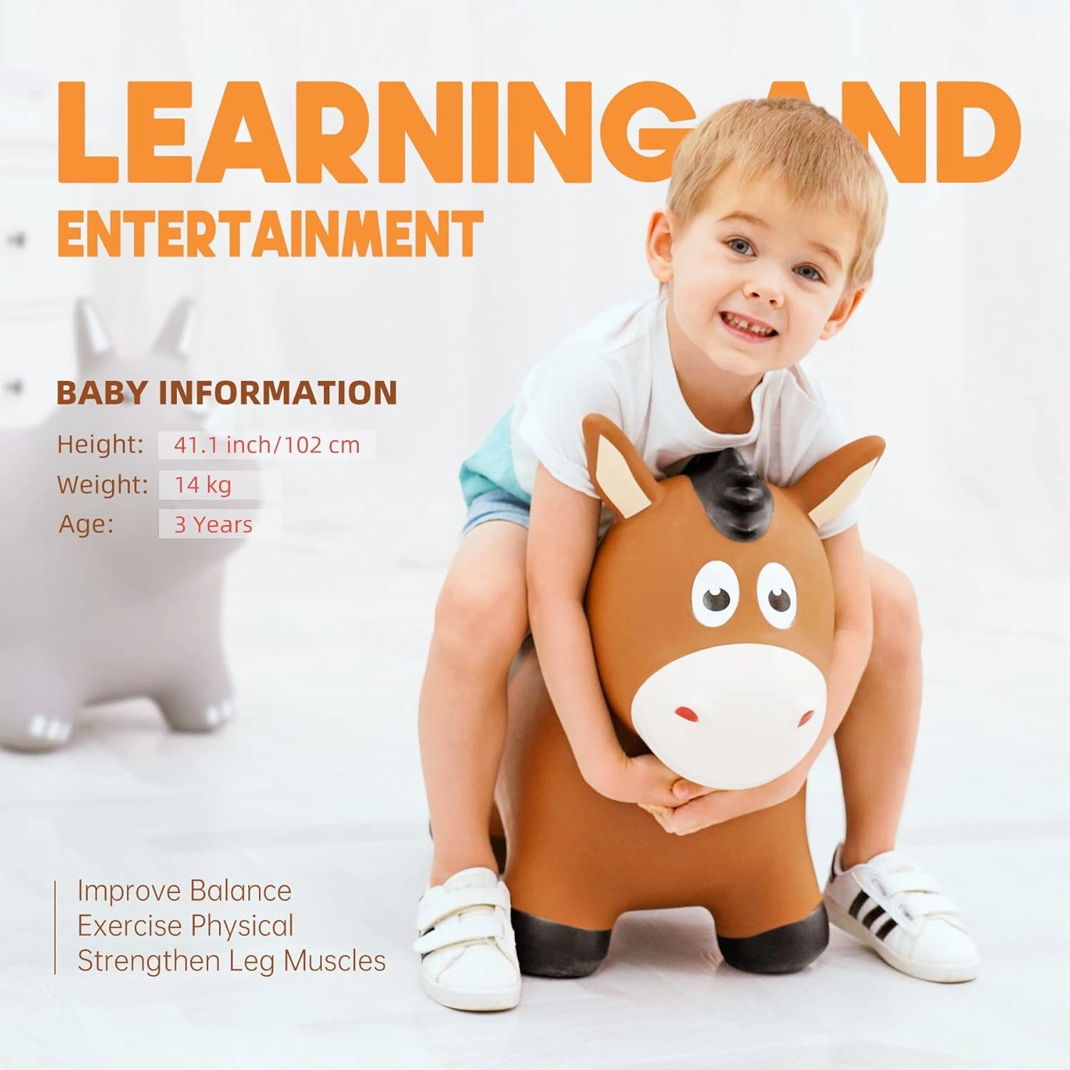 Bouncy Horse Hopping Toys, Inflatable Animal Horse Toys for Toddlers 1-3, Outdoor Indoor Bounce and Ride On Bouncer for Boys Girls, Birthday Gifts for 18 Months 2 3 4 5 6 Year Old with Pump