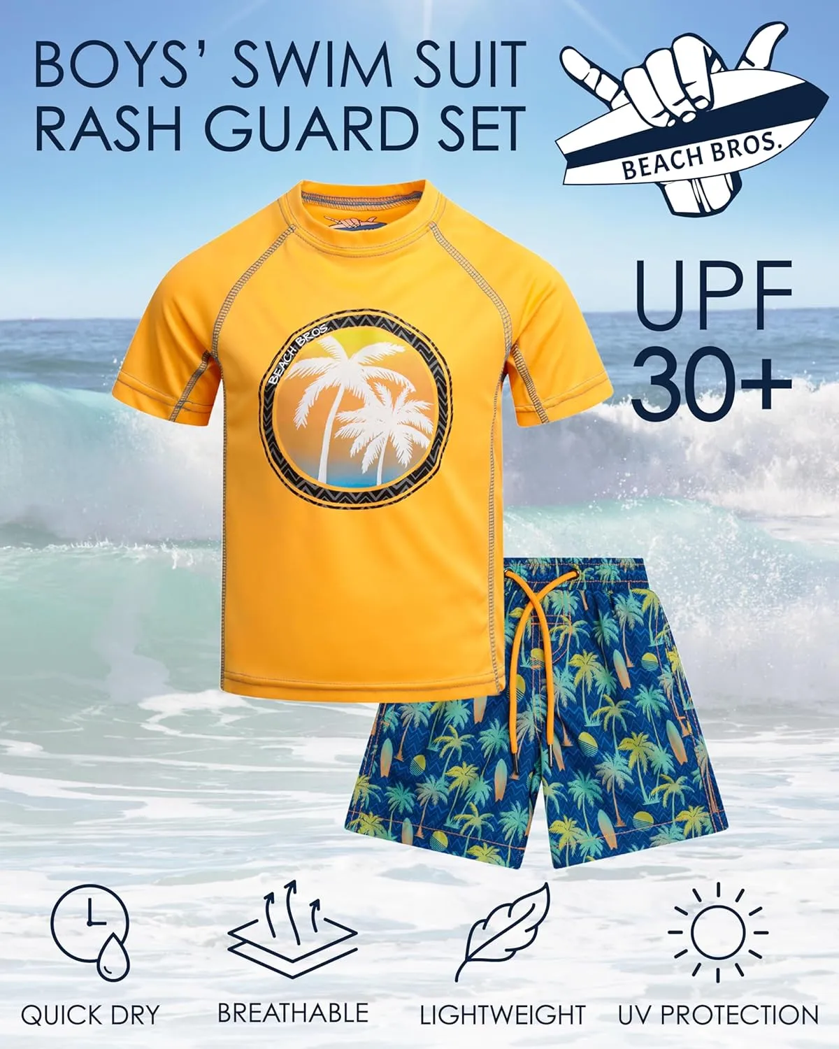 Boys Rash Guard Swimsuit Set - UPF 30  Kids Short Sleeve Bathing Suit Swimwear Sets (Sizes: 5-14)