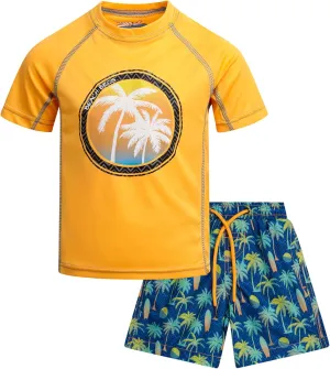 Boys Rash Guard Swimsuit Set - UPF 30  Kids Short Sleeve Bathing Suit Swimwear Sets (Sizes: 5-14)