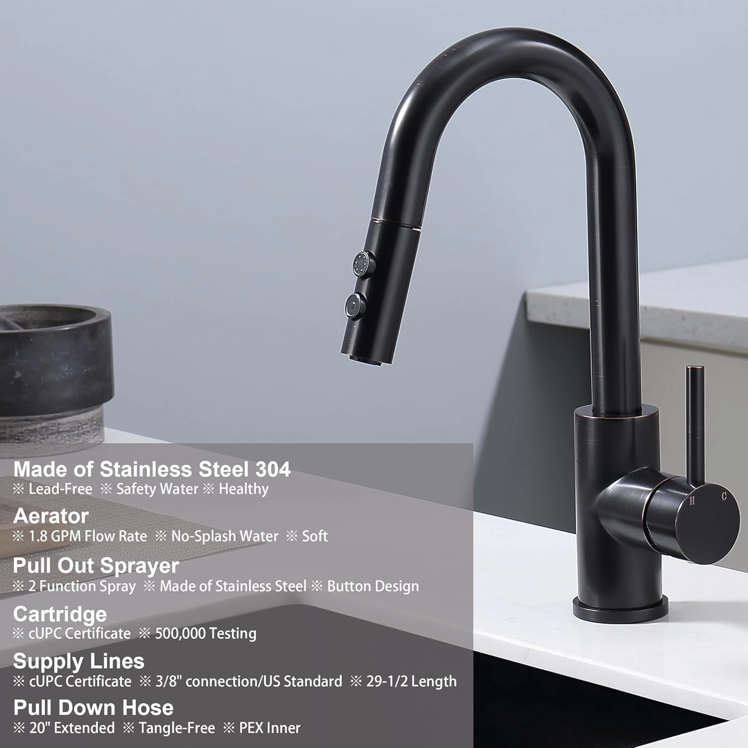 Bronze Bar Faucet with Pull Out Sprayer Single Hole, JXMMP Single Handle Stainless Steel Oil Rubbed Bronze Bar Sink Faucets with Sprayer, Modern Small Kitchen Sink Faucet with cUPC Supply Hose