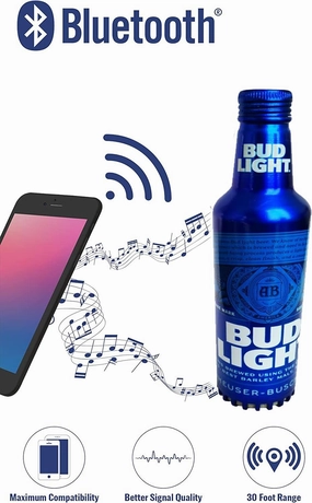 Bud Light Aluminum Bottle Designed Bluetooth Speaker with a Rechargeable Battery and up to 6 Hours of Playtime