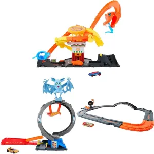 Bundle of Hot Wheels City Pizza Slam Cobra Attack, Snake Tail Spiral Track, 1 Vehicle   Bat Loop Attack with Adjustable Loop & Launcher, Toy Car   City Track Pack, 10 Component Parts, Toy Vehicle