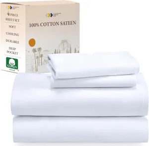 California Design Den King Size Sheets Set - Natural 100% Cotton Sheets King Size with Deep Pockets, Soft Sateen Weave, Breathable, Cooling and Durable Bedding Set (White)