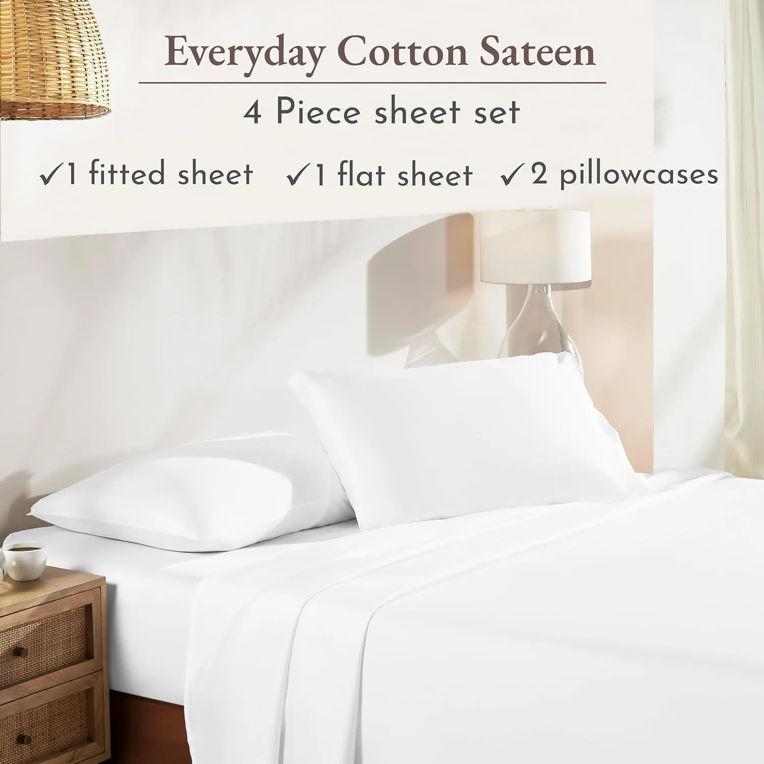 California Design Den King Size Sheets Set - Natural 100% Cotton Sheets King Size with Deep Pockets, Soft Sateen Weave, Breathable, Cooling and Durable Bedding Set (White)
