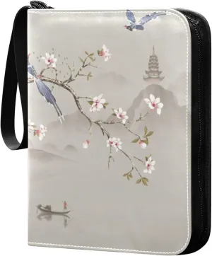 Card Binder Chinoiserie Mountain Painting Flowers Trading Card Album with 50 Removable Sleeves Fits 400 Cards