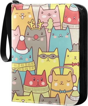 Card Binder Colorful Christmas Cats Seamless Trading Card Album with 50 Removable Sleeves Fits 400 Cards