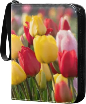 Card Binder Spring Colorful Tulip Field Trading Card Album with 50 Removable Sleeves Fits 400 Cards