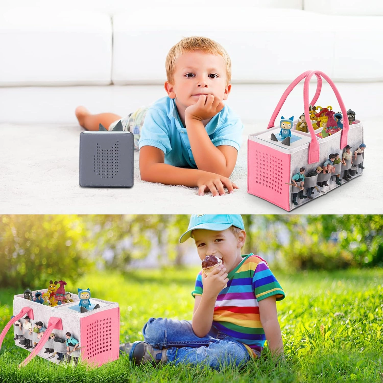 Carrying Bag Case for Toniebox Starter Set and Tonies Figurines, Home Outdoor Hand Storage Travel Felt Bag for Toniebox Accessories Protective Cover Organiser (Gray Pink)