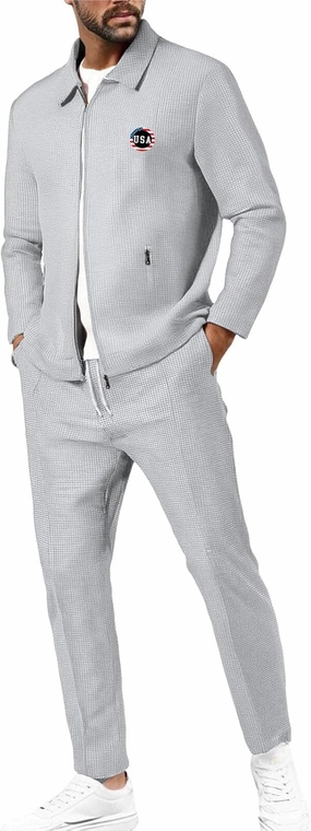 Casual Set for Mens Waffle Chest Graphic Lapel Zipper Long Sleeve Jackets Drawstring Pants 2025 Summer Outing Clothes