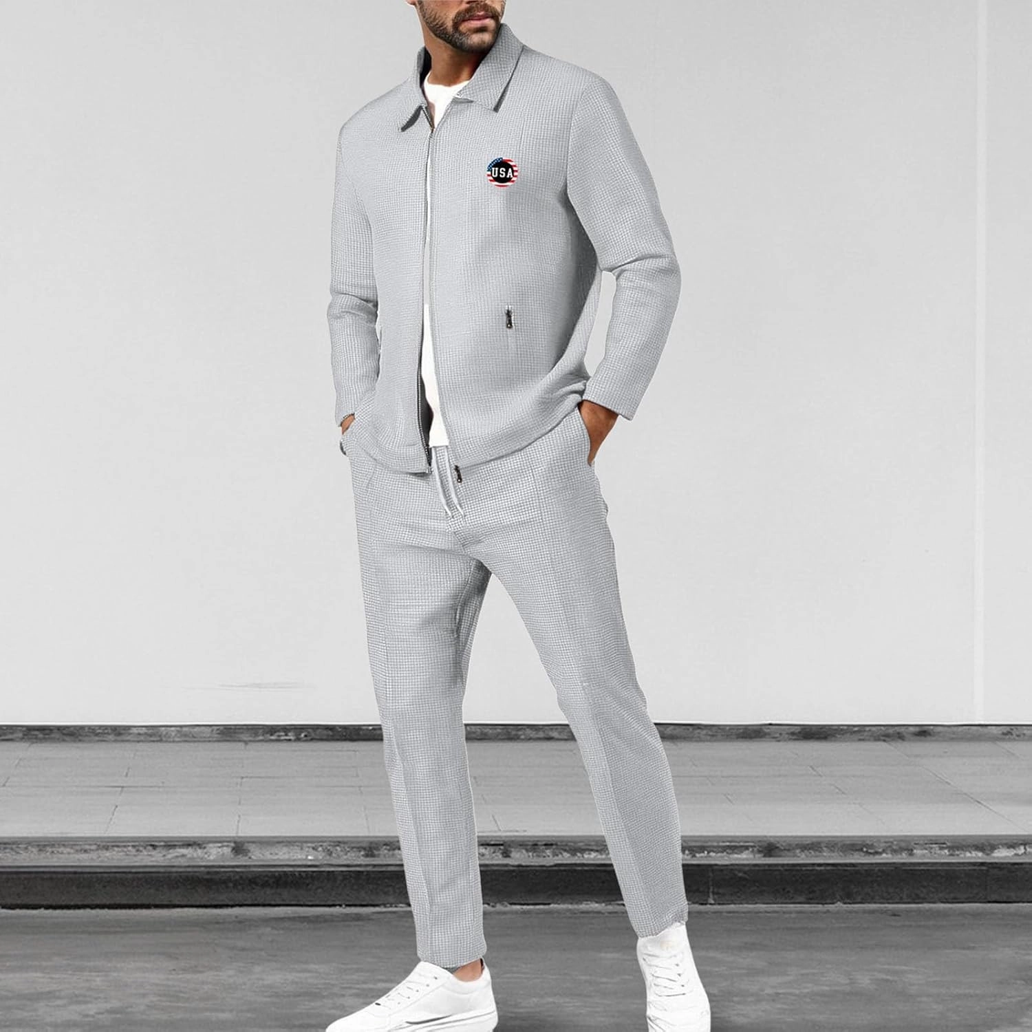 Casual Set for Mens Waffle Chest Graphic Lapel Zipper Long Sleeve Jackets Drawstring Pants 2025 Summer Outing Clothes