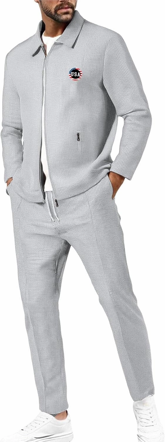 Casual Set for Mens Waffle Chest Graphic Lapel Zipper Long Sleeve Jackets Drawstring Pants 2025 Summer Outing Clothes