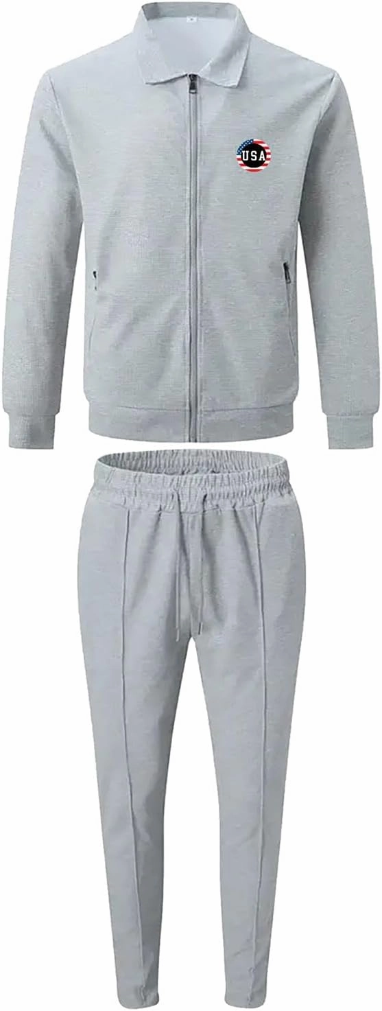 Casual Set for Mens Waffle Chest Graphic Lapel Zipper Long Sleeve Jackets Drawstring Pants 2025 Summer Outing Clothes