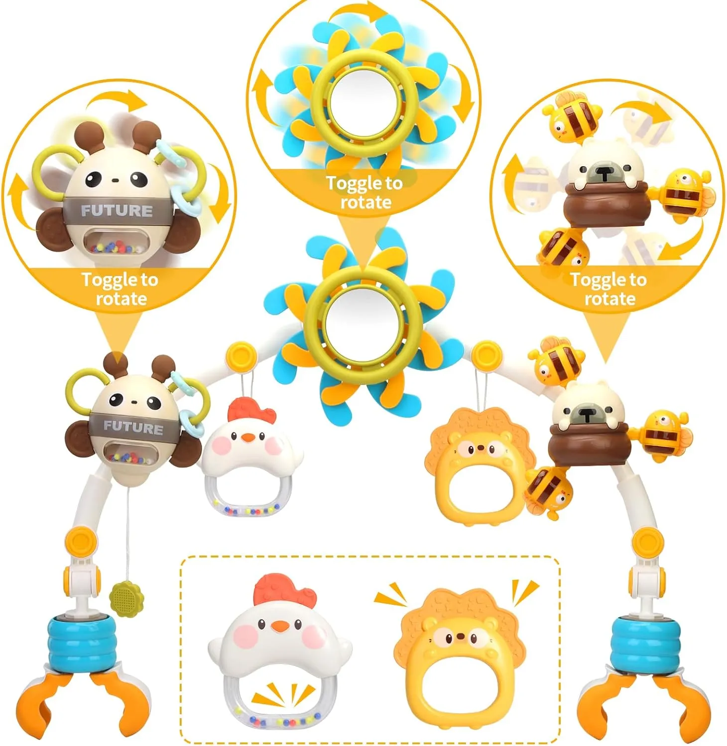 Caterbee Baby Bouncer Bar Toy, Pram Toy with Activity Travel Arch Bassinet Toys for Toddlers (Blue)