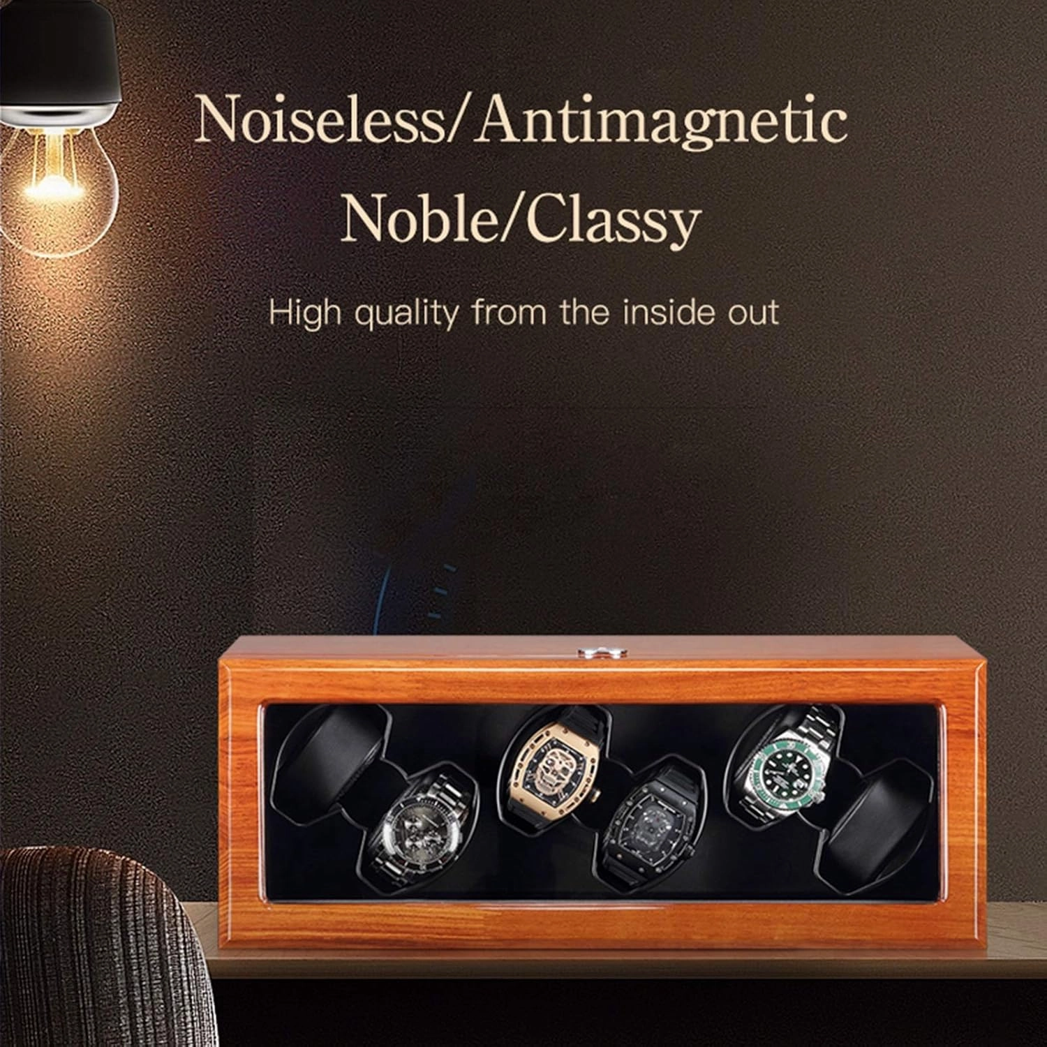 Chandelier Watch Winder Box for 6 Automatic Watches Solid Wood Watch Storage Box Flexible Watch Pillows Quiet Motor 5 Rotation Modes Chandelier