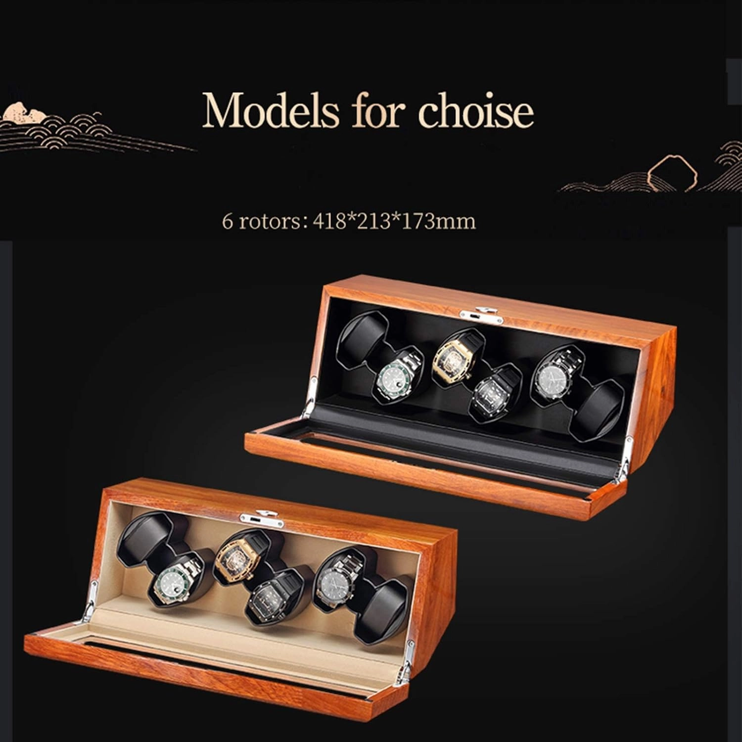 Chandelier Watch Winder Box for 6 Automatic Watches Solid Wood Watch Storage Box Flexible Watch Pillows Quiet Motor 5 Rotation Modes Chandelier
