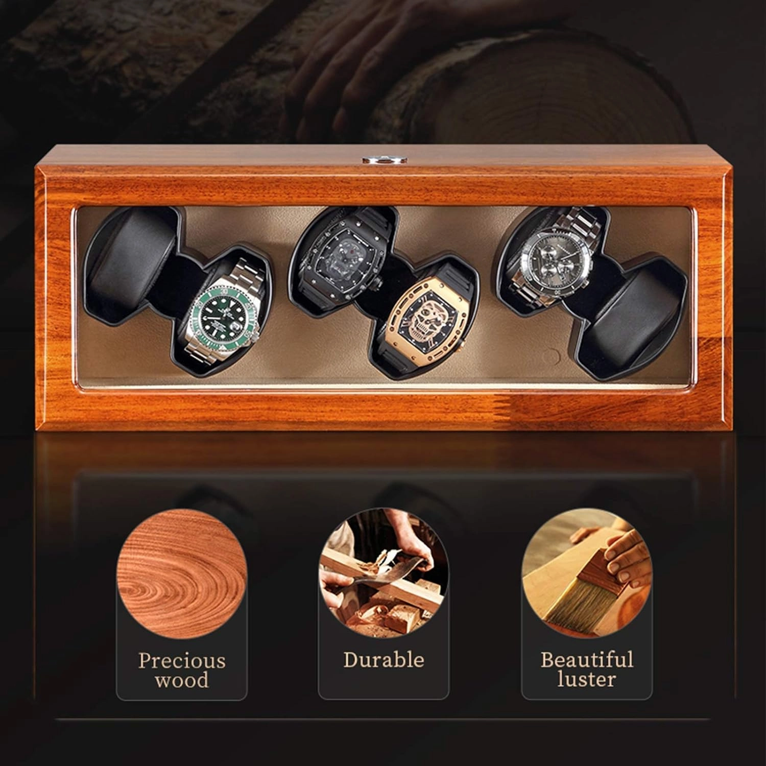 Chandelier Watch Winder Box for 6 Automatic Watches Solid Wood Watch Storage Box Flexible Watch Pillows Quiet Motor 5 Rotation Modes Chandelier