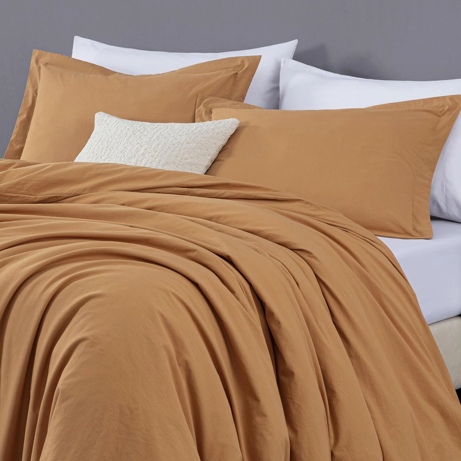 Chezmoi Collection Solid Caramel 100% Washed Cotton Duvet Cover Set King Size, 3-Piece Luxury Soft Breathable Smooth Cooling Comforter Cover with Button Closure