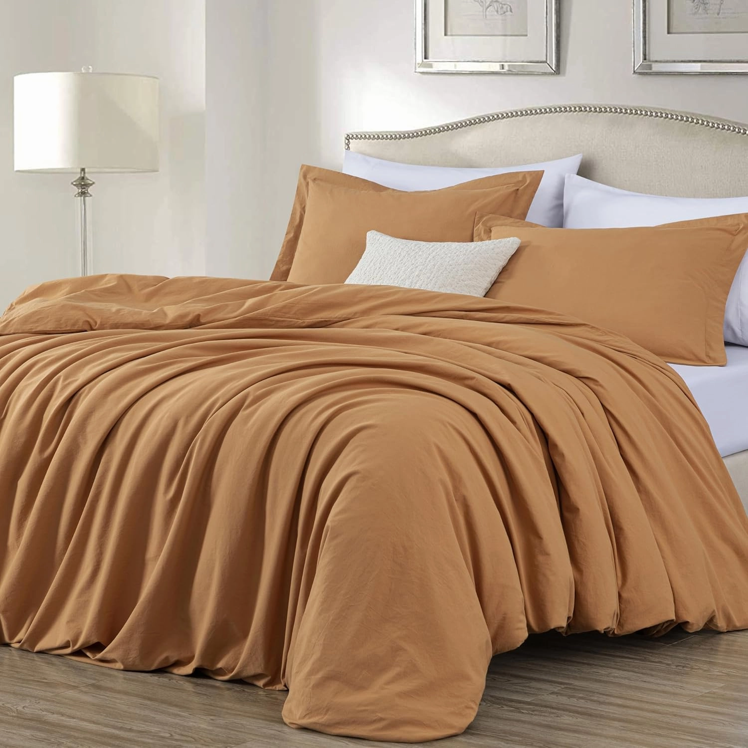 Chezmoi Collection Solid Caramel 100% Washed Cotton Duvet Cover Set King Size, 3-Piece Luxury Soft Breathable Smooth Cooling Comforter Cover with Button Closure