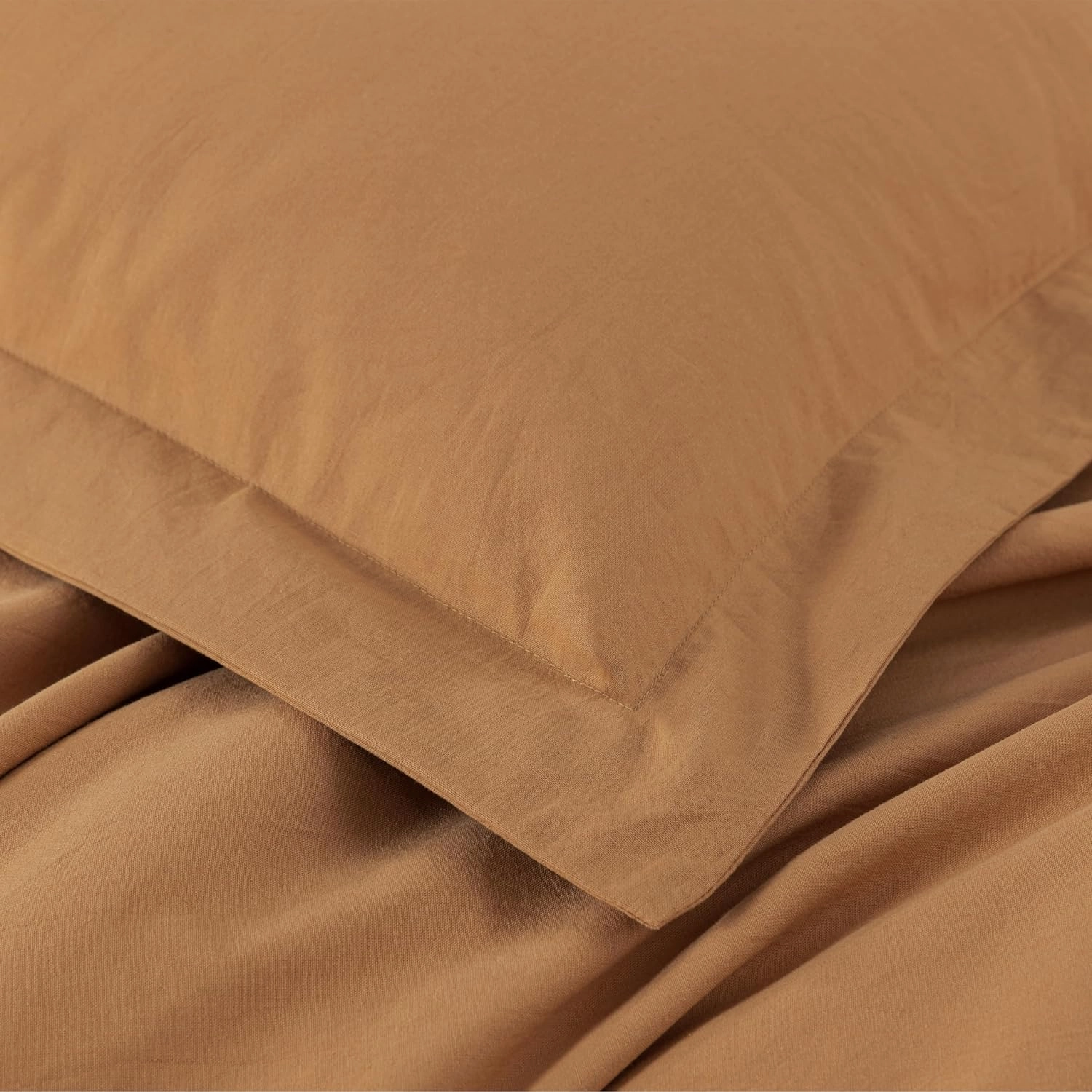 Chezmoi Collection Solid Caramel 100% Washed Cotton Duvet Cover Set King Size, 3-Piece Luxury Soft Breathable Smooth Cooling Comforter Cover with Button Closure