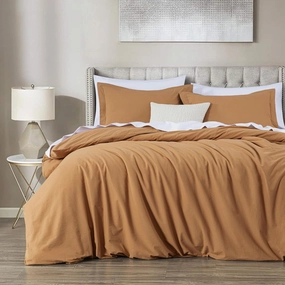 Chezmoi Collection Solid Caramel 100% Washed Cotton Duvet Cover Set King Size, 3-Piece Luxury Soft Breathable Smooth Cooling Comforter Cover with Button Closure