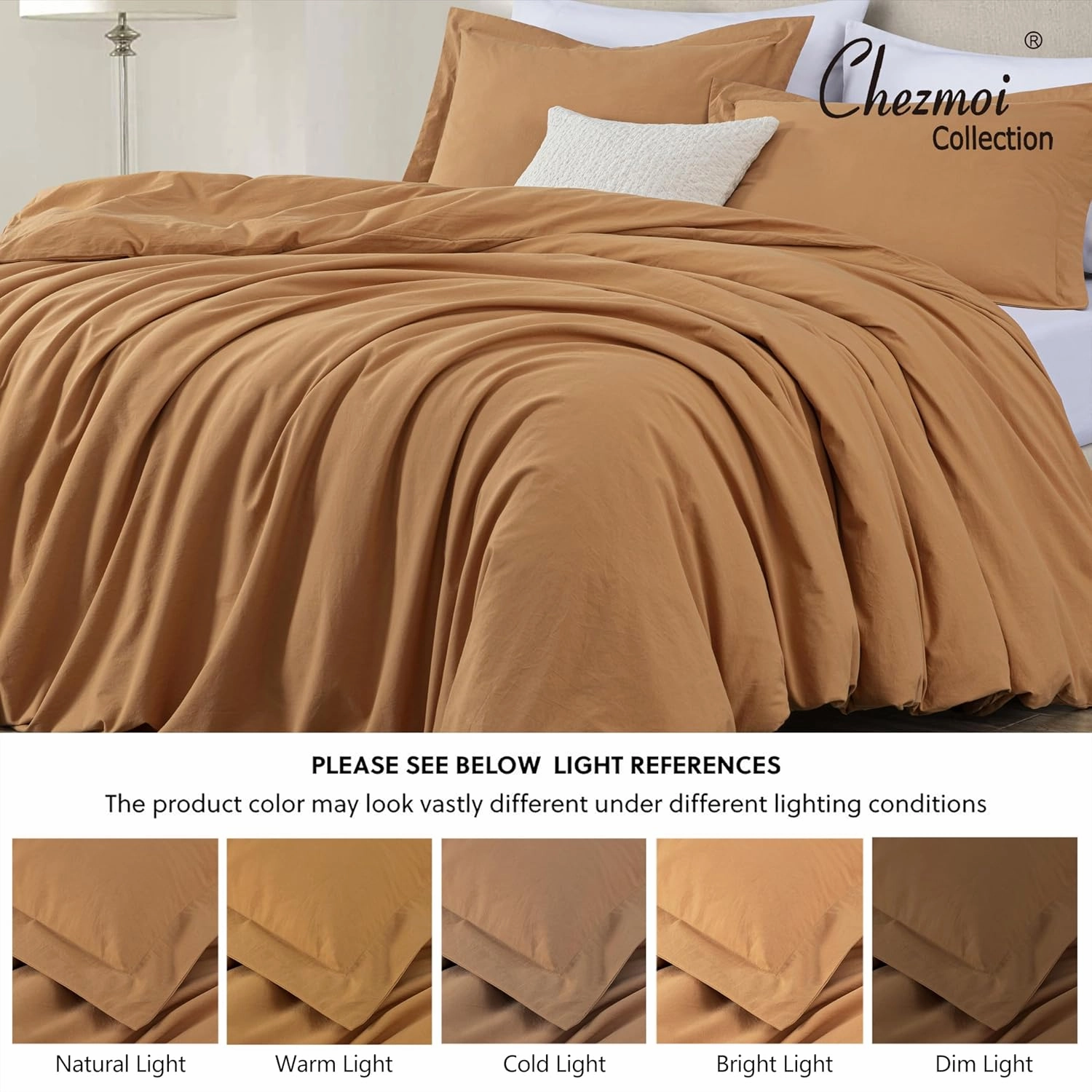 Chezmoi Collection Solid Caramel 100% Washed Cotton Duvet Cover Set King Size, 3-Piece Luxury Soft Breathable Smooth Cooling Comforter Cover with Button Closure