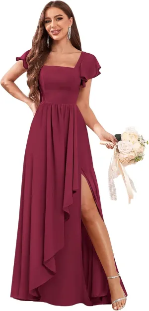 Chiffon Bridesmaid Dresses with Slit Ruffle Sleeve Square Neck A Line Formal Evening Dress for Wedding
