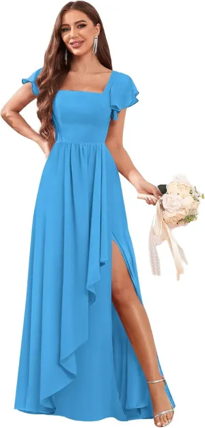 Chiffon Bridesmaid Dresses with Slit Ruffle Sleeve Square Neck A Line Formal Evening Dress for Wedding