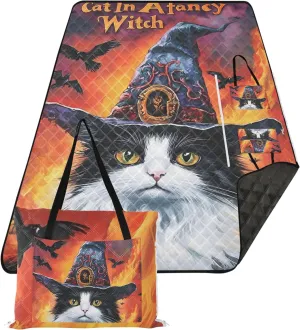 CHIFIGNO Halloween Witch Cat Gothic Sand Free Beach Blanket Waterproof, Grass Blanket Camping Mat Cute Picnic Blankets Foldable, 80" x 60"