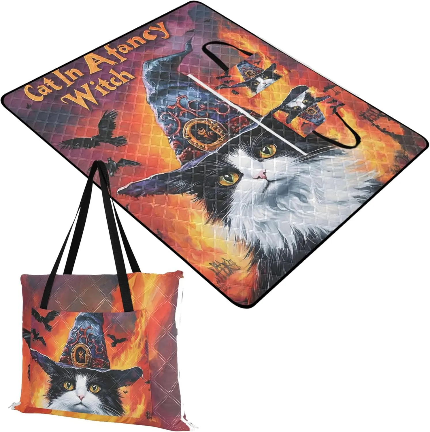 CHIFIGNO Halloween Witch Cat Gothic Sand Free Beach Blanket Waterproof, Grass Blanket Camping Mat Cute Picnic Blankets Foldable, 80" x 60"