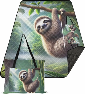 CHIFIGNO Cute Sloth Lush Tropical Forest Sand Free Beach Blanket Waterproof Outdoor Blanket Camping Mat Pink Picnic Blanket Foldable 80" x 60"